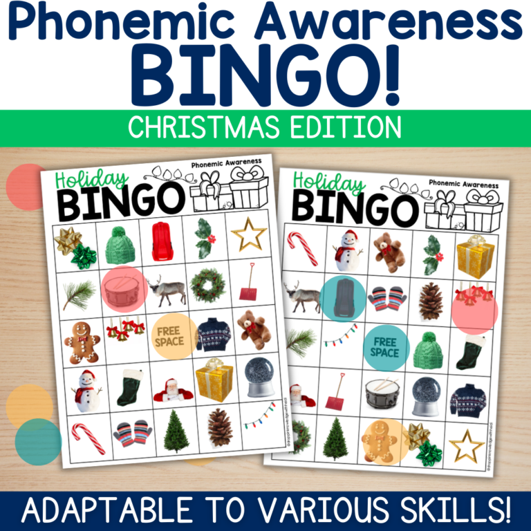 Phonemic Awareness BINGO – Sounds, Rhyming, Syllables – CHRISTMAS Edition