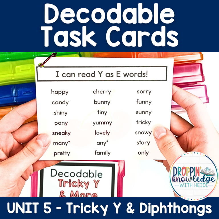 Decodable Task Cards – Tricky Y & Diphthongs – Words, Phrases, and Sentences!