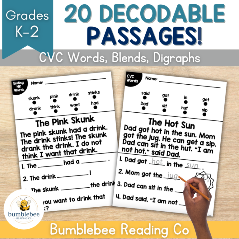 20 TRUE Decodable (NO PREP) Passages – CVC Words, Blends, Digraphs