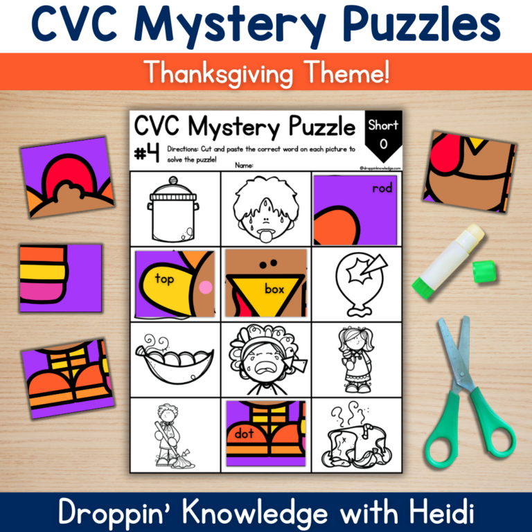 Thanksgiving Phonics CVC Words Mystery Puzzle Decoding