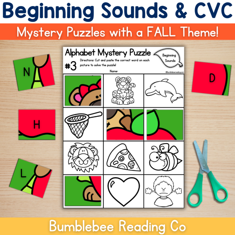 FALL/Autumn Phonics CVC Words & Beginning Sounds Mystery Puzzle Decoding