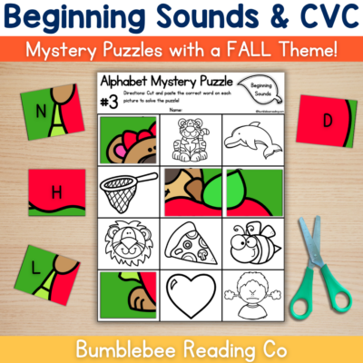 FALL/Autumn Phonics CVC Words & Beginning Sounds Mystery Puzzle Decoding