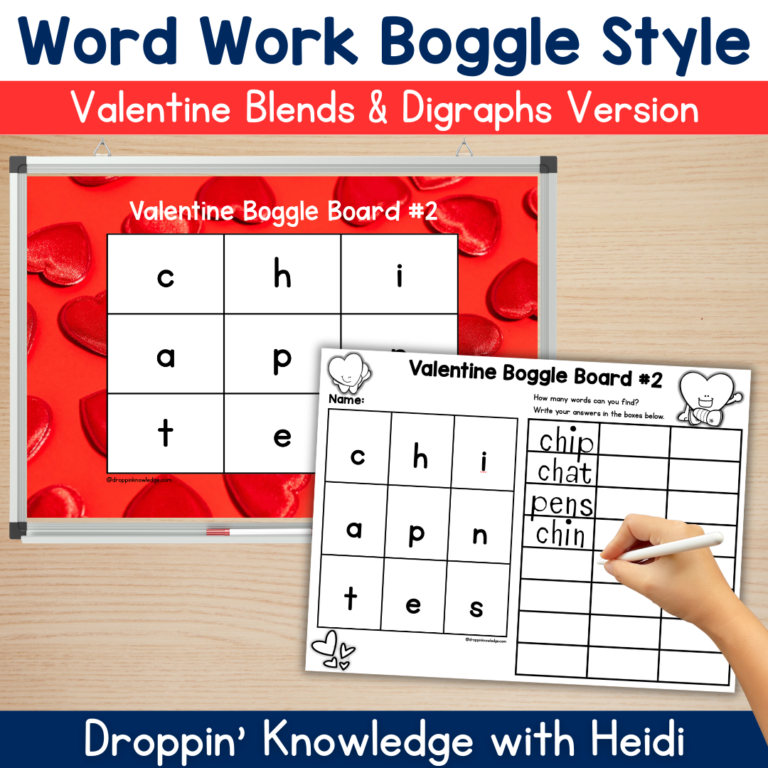 Word Work Boggle Style Valentine’s Day Boards for CVC Words, Blends, & Digraphs
