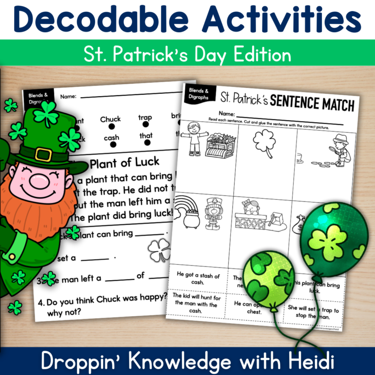 St. Patrick’s Day NO PREP BLENDS & DIGRAPHS Decodable Worksheets Phonics