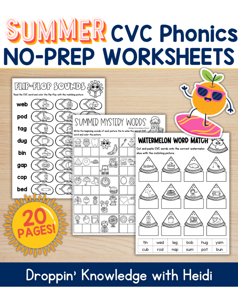 Summer NO PREP CVC Word Worksheets – Perfect for End of the Year Review
