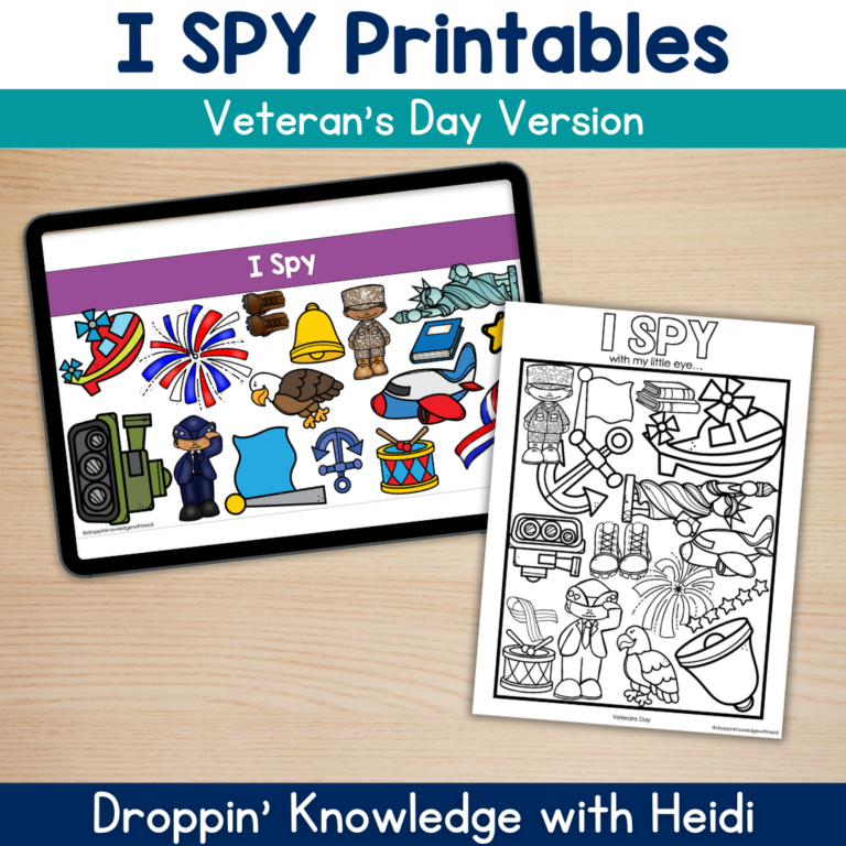 I SPY Game Phonemic Awareness Veteran’s Day – Beginning Sounds Syllables Rhyming